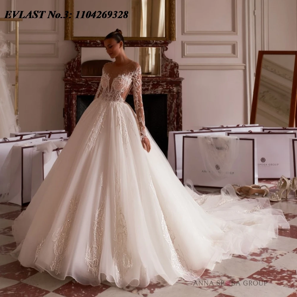 Evlast personalizado vintage uma linha vestido de casamento manga longa renda apliques pérolas miçangas vestido de noiva novia e3wa29