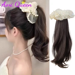 AOSI Synthetic Wig Ponytail Female Long Hair Claw Clip High Ponytail New Pearl Flower Slightly Curly Ponytail