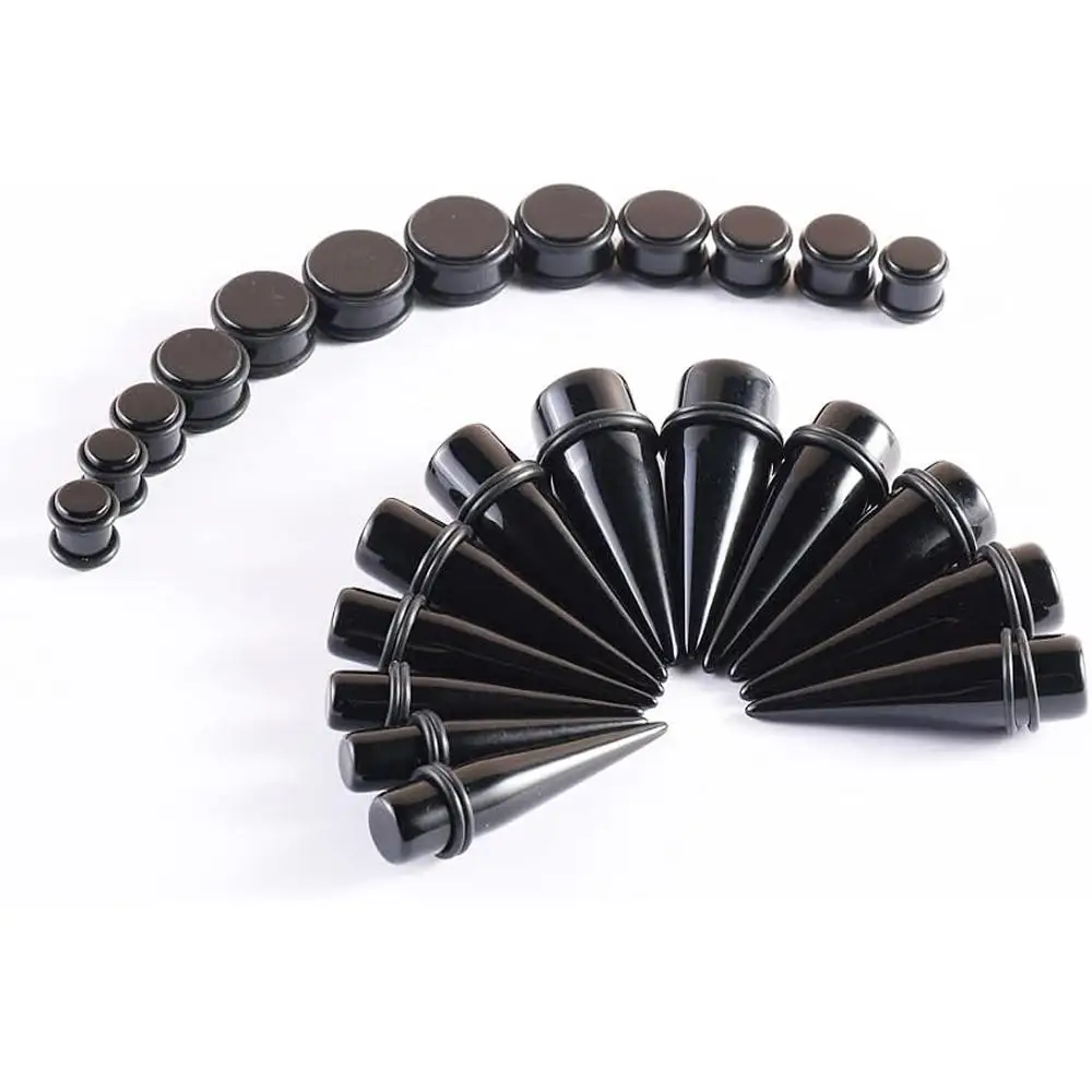 1/12Pairs Stretching Kit Big Ear Expander Set Acrylic Ear Tapers and Plugs Body Earring Piercing Kits Black Color Body Jewelry
