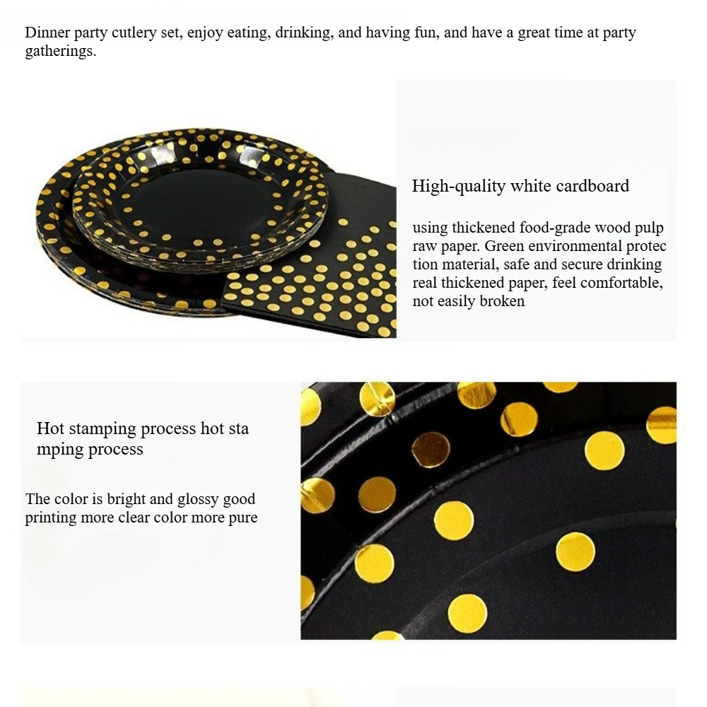 Schwarz-Gold-Thema Geburtstagsparty-Dekorationen Heißprägung Polka-Dot Einwegteller Becher Servietten Erwachsenen-Hochzeitsparty-Zubehör – Detail 7