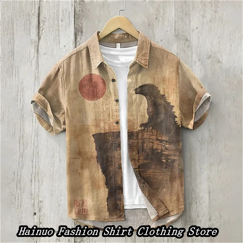 2024 New Men\'s Shirt 3D Print Summer Casual Japanese Style Retro Linen Shirt Loose Independent Station XS-5XL