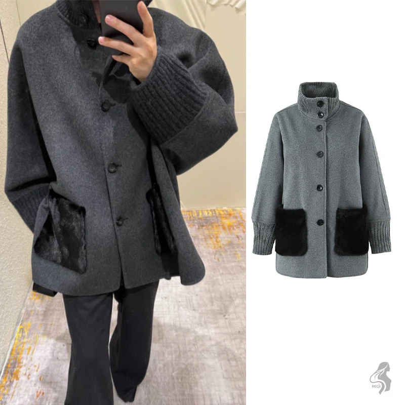 

Women Stand Collar Coat With Plush Pockets And Ribbed Cuffs Mid Length Elegant Commuter Coat For Autumn And Winter Woman Clothes