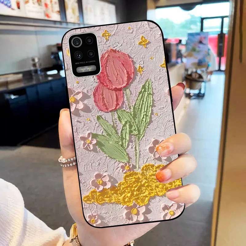 لينة حافظة هاتف من البولي يوريثان ل LG K52 K62 Q52 الأسود سيليكون الغطاء الخلفي ل LGK52 LGQ52 LGK62 موضة زهرة قذيفة Fundas الوفير #3