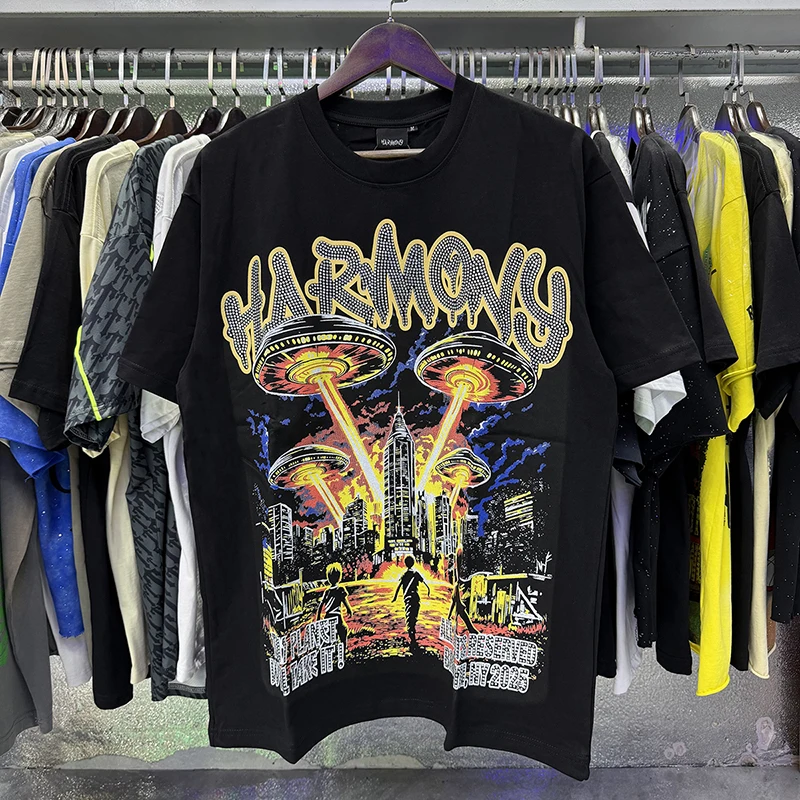 HARMONY T-Shirt Rhinestone Letter UFO Pattern Print American Street Men Women Short Sleeve Tee