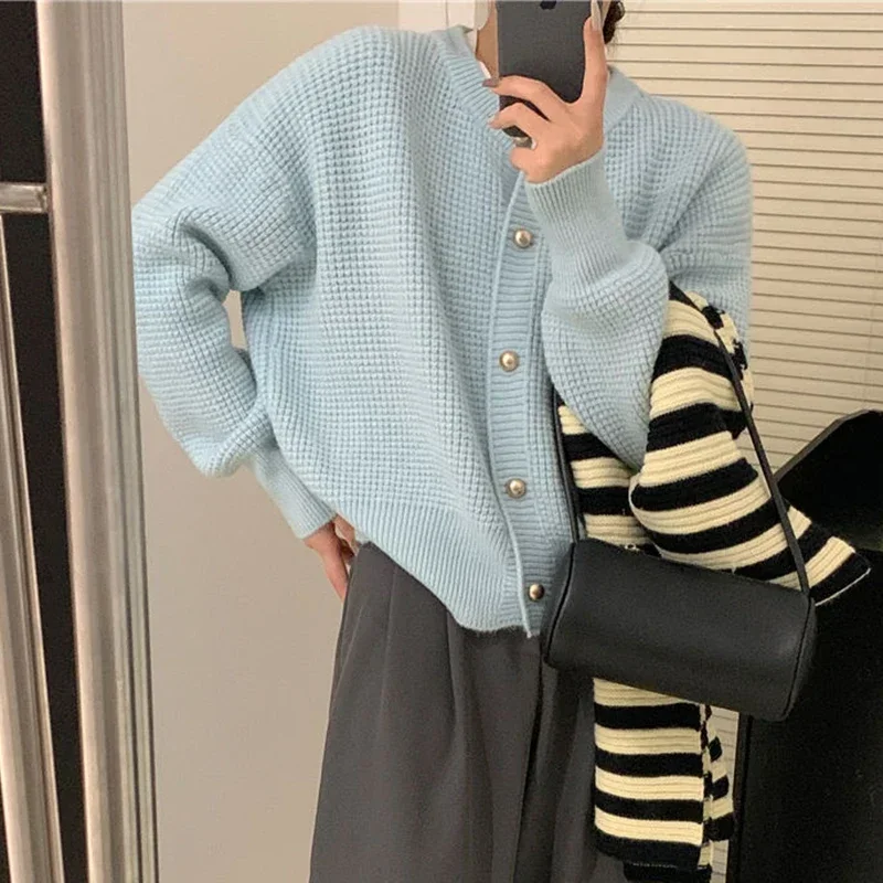 Casual Loose Hecks Knitted Cardigan Soft Comfort Versatile O-Neck Sweater Coat Woman Korean Fashion Solid Button-up Cardigans