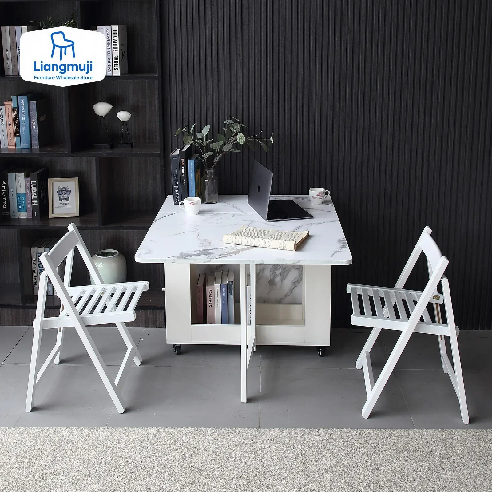 

Fashion White Folding Dining Table Furniture Multifunctional Rectangle Movable Dining Table and Folding Chairs Comedor Стол