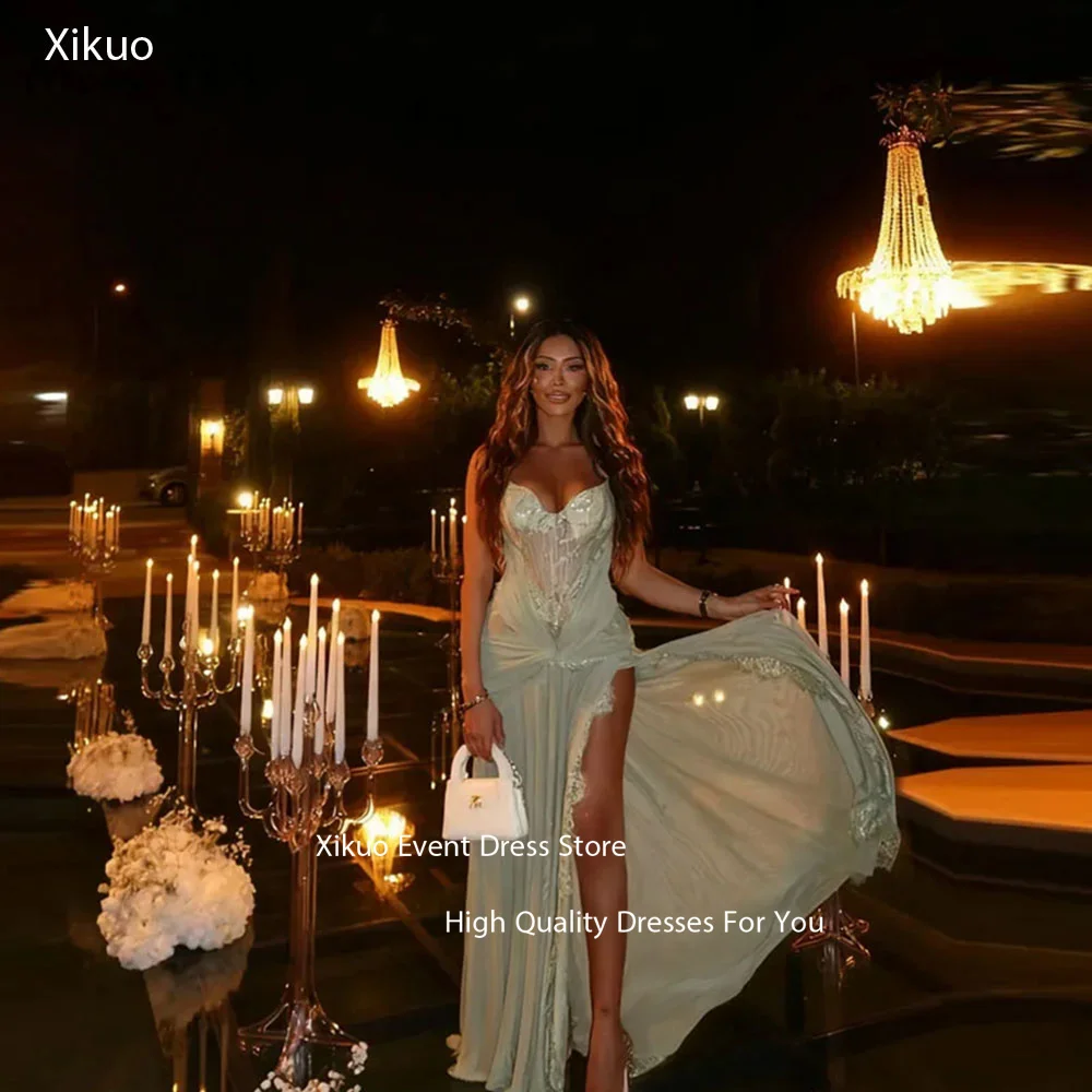 

Xikuo Изящные мятно-зеленые кружевные вечерние платья с высоким разрезом длиной до пола, платья для выпускного вечера с милой аппликацией Robe De Soirée по индивидуальному заказу