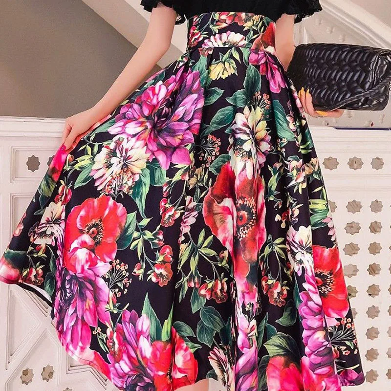 Chinese Style Vintage Floral High Waist Skirt Temperament Elegant Pleated Printing Mid-Calf Spring Summer New Style A-line Skirt