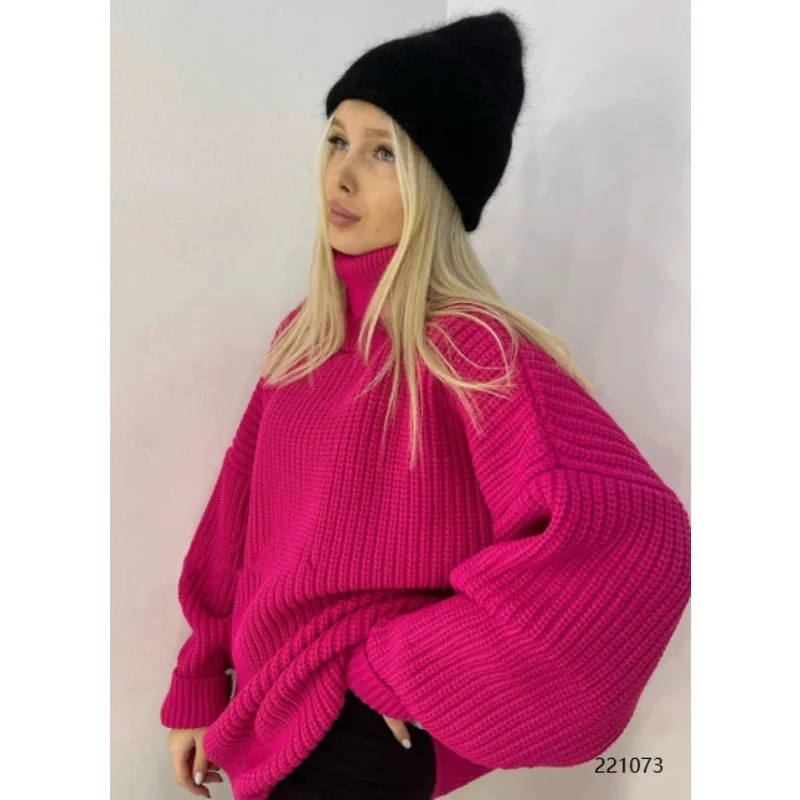 Frauen Mode einfarbig lose gestrickte Pullover Herbst Winter Pullover Pullover Top Frauen lässig Langarm Roll kragen pullover