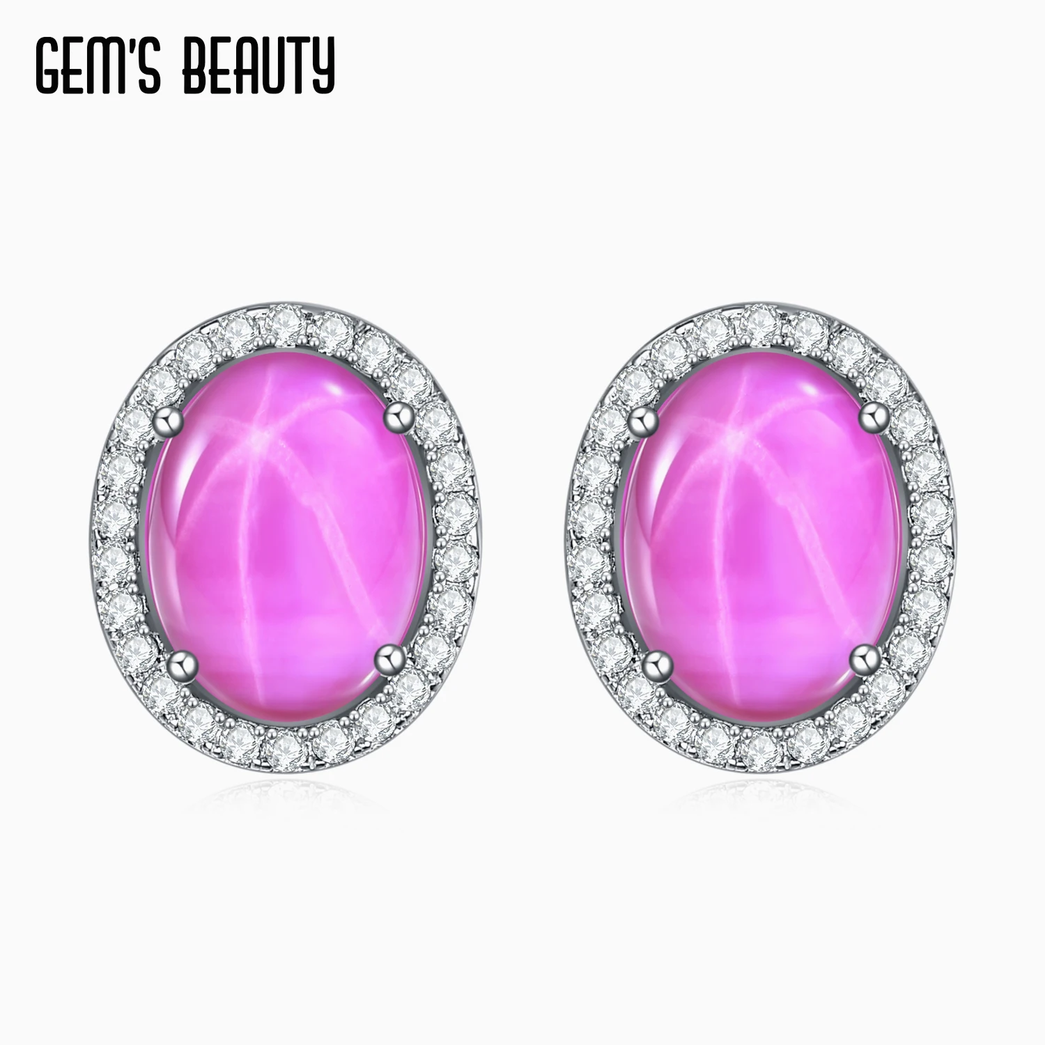 

Gem's Beauty 925 Sterling Silver Oval Lab Star Ruby Stud Earrings Lab White Sapphire Halo Earrings For Women Fine Jewelry