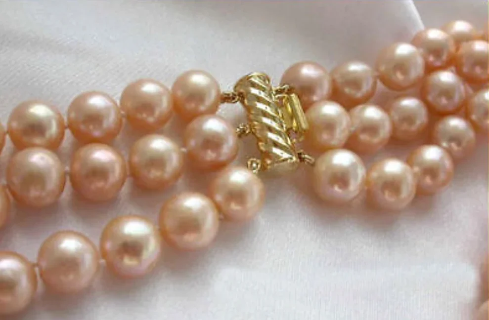 3 Rows 8-9mm Round Pink South Sea Pearls Necklace 17''18''19''