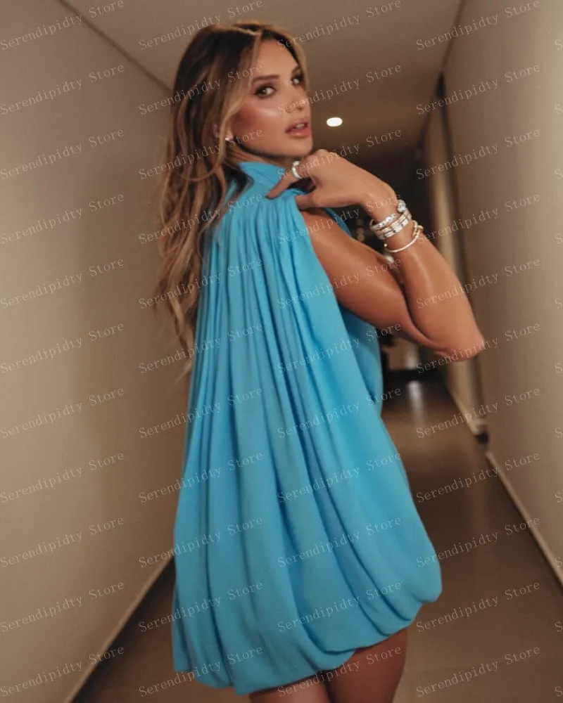 Light Blue O-neck Mini Length Chiffon Dress Long Bubble Sleeve Folds Ever Pretty Gown Free Shipping Custom Made Cocktail Dress