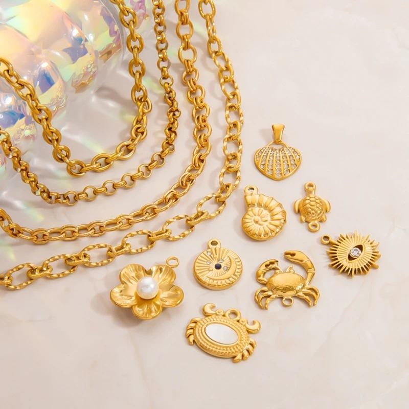 Gold Ocean Animal Turtle Shell Conch Starfish Diy Charms For Jewelry Making Bulk Stainless Steel Charm Pendant Necklace Making