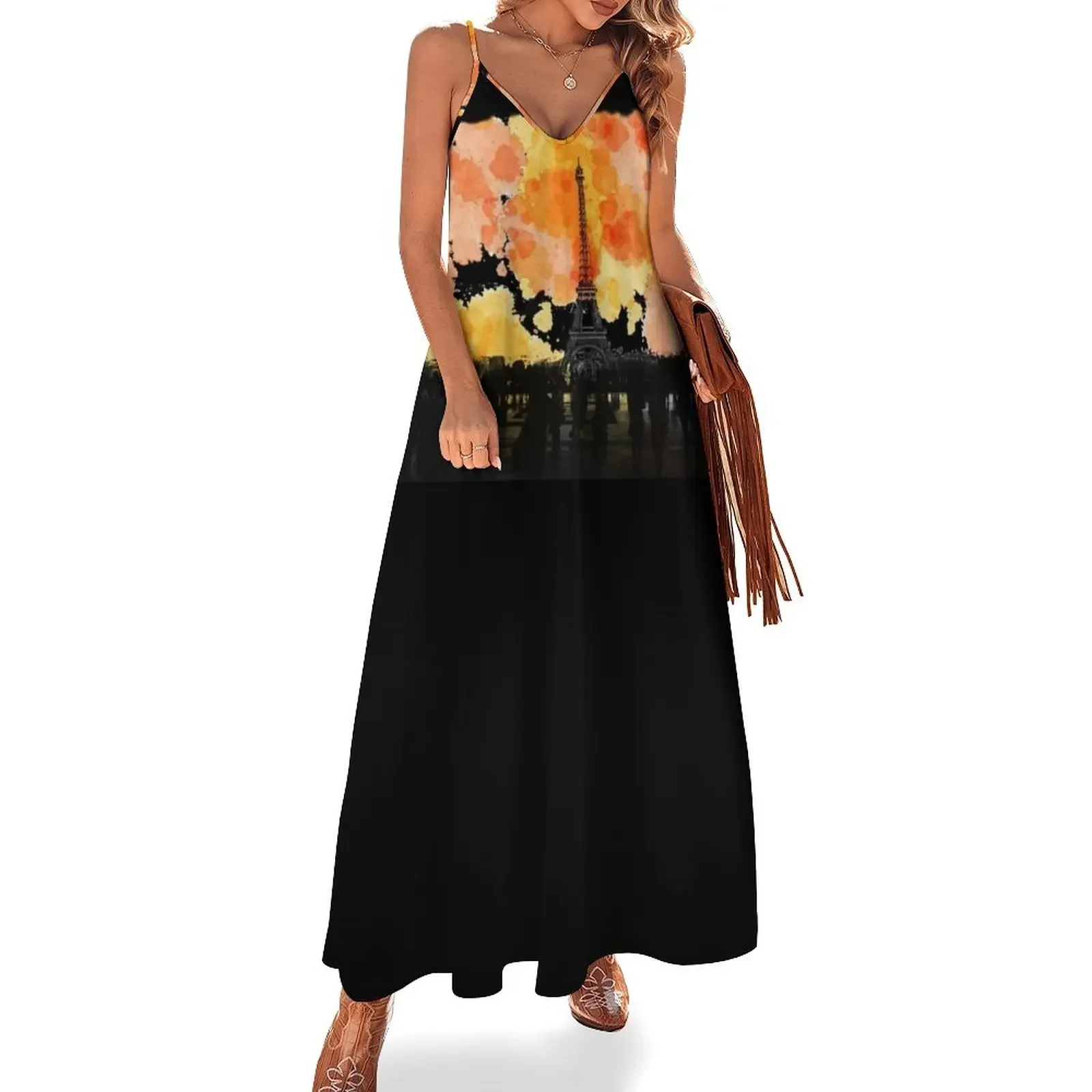 

Paris orange watercolour Sleeveless Dress Long dress woman women's summer clothing 2025 party dresses woman