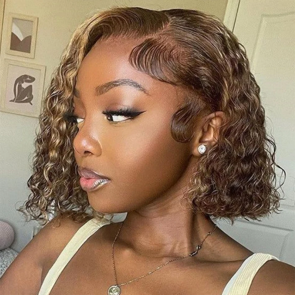 

Highlight Ombre 427 Curly Bob Wigs 13x4 Lace Frontal Deep Wave Human Hair Wigs 150% Density Short Bob Wigs For Women Brazilian