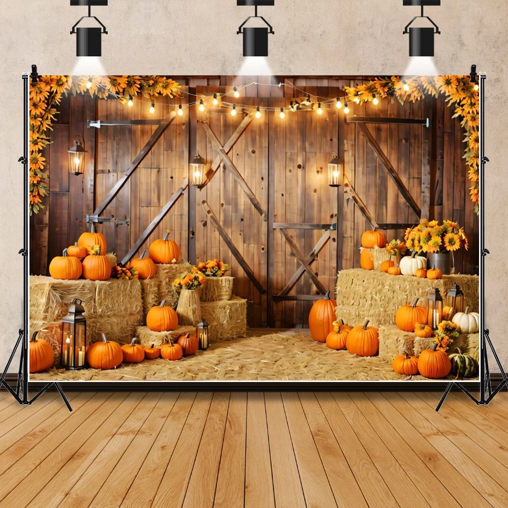 Fall Thanksgiving Background Wooden Door Barn Autumn Pumpkin Maple Leave Sunflower Halloween Decoration Photography Backdrop