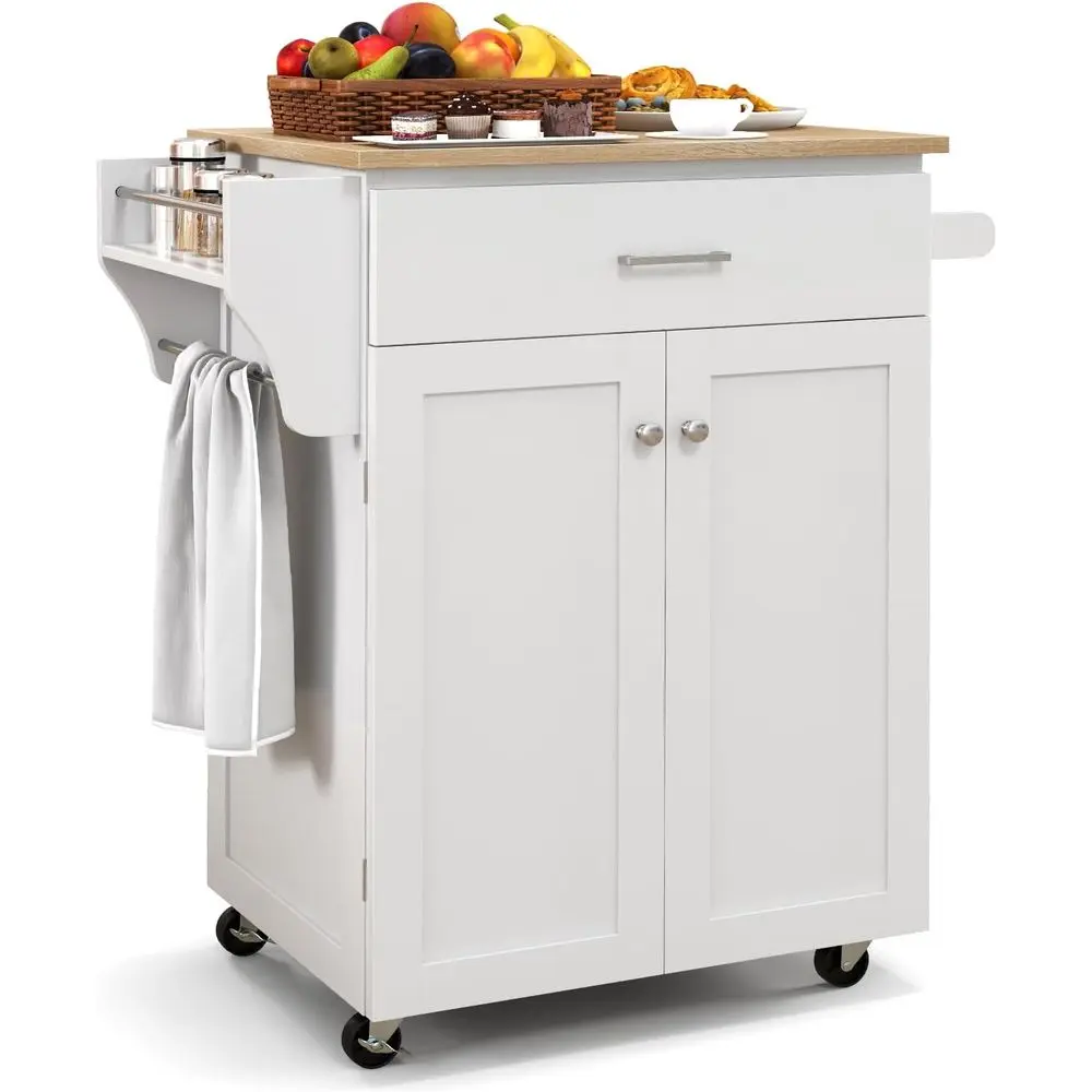 

White Rolling Kitchen Island Cart with Storage, Spice Rack, and Towel Bar, 32.5 L x 19 W x 36 H