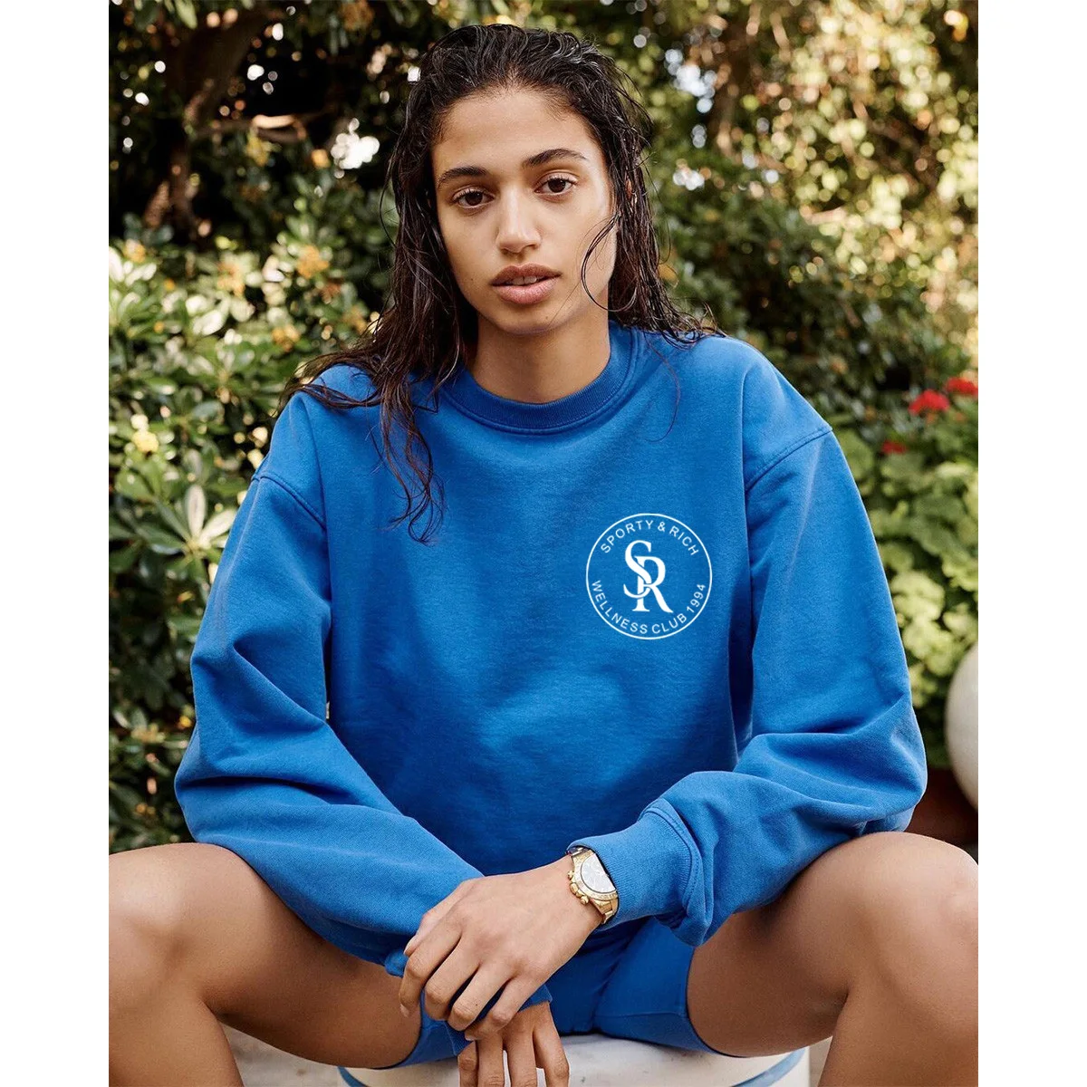 Sporty Make You Wellness Letters Printing Royal Blue Cotton Sweatshirts Women Crewneck Autumn Thick Fleece Warm Pullover