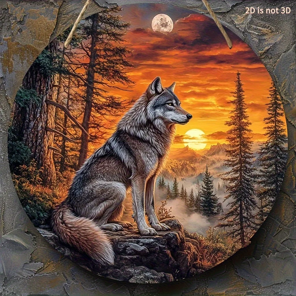 2D Flat, 2D Flat 8x8 Inch Round Wood Wall Art Featuring a Howling Wolf, Sunset Sky, and Pine Trees - Bohemian Nature Scene Decor