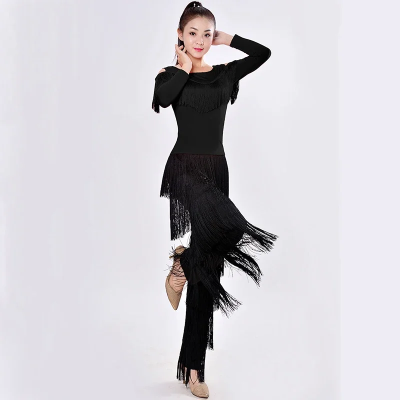 New 2025 Latin Modern Dance Suits Women/girls Sexy Fringes Long Pants Ballroom/tango/rumba/latin Dresses Clothings For Dancer