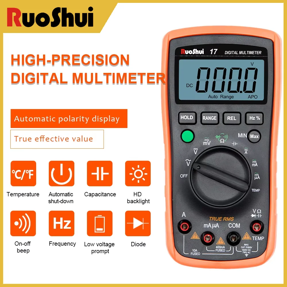 

RuoShui 17 High-Precision Digital Multimeter 3999 Auto AC DC Tester 1000V 20A Capacitance Frequency Resistance LED Multimetro