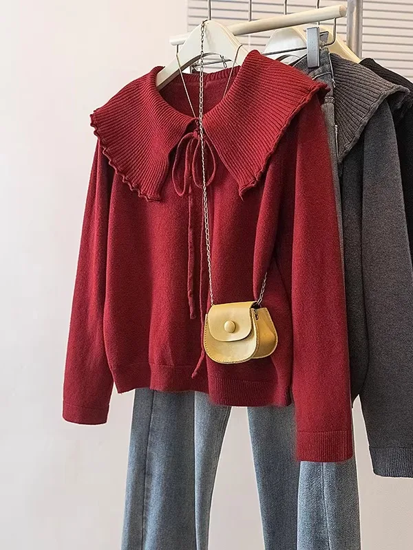 

Red Knitted Sweater Women's Large Size Naval Collar Anti-Aging Top Shoulder Width Regular Length Winter Fashion Commute Style