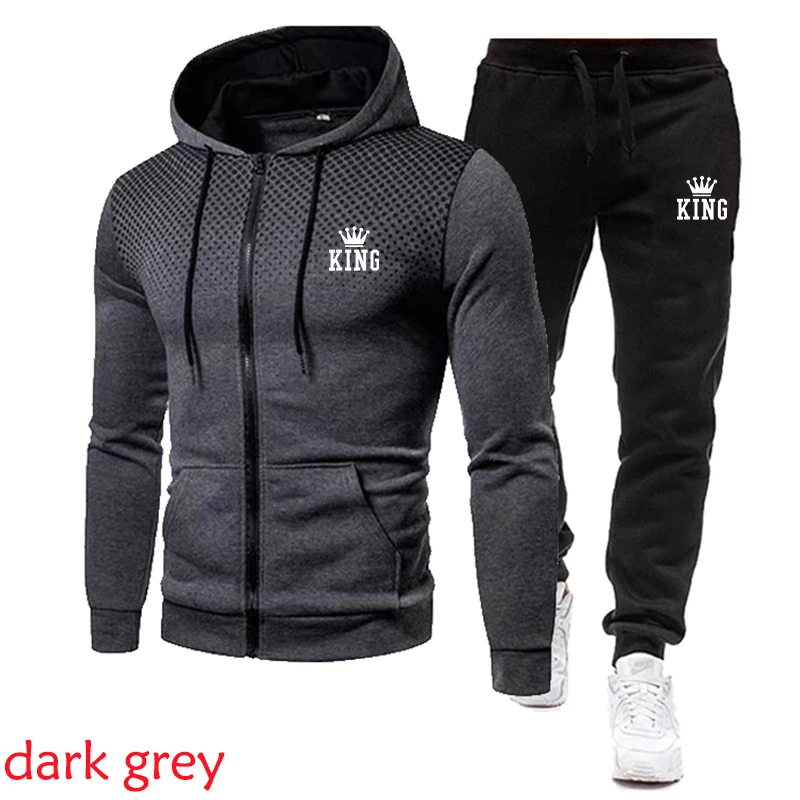Fashionable men's king print hooded sweatshirt pants two-piece suit pullover sweatshirt casual jogging suit logo warm sports sui