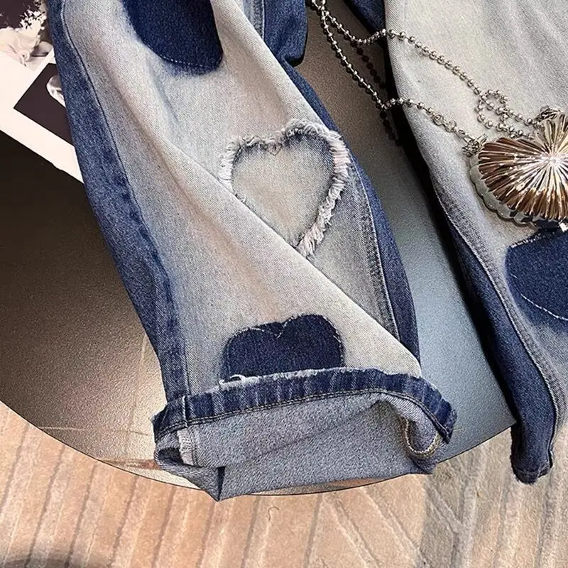 Amor jeans de perna larga feminino outono e inverno novo design de moda sentido nicho solto esfregar cintura alta jeans femininos retos