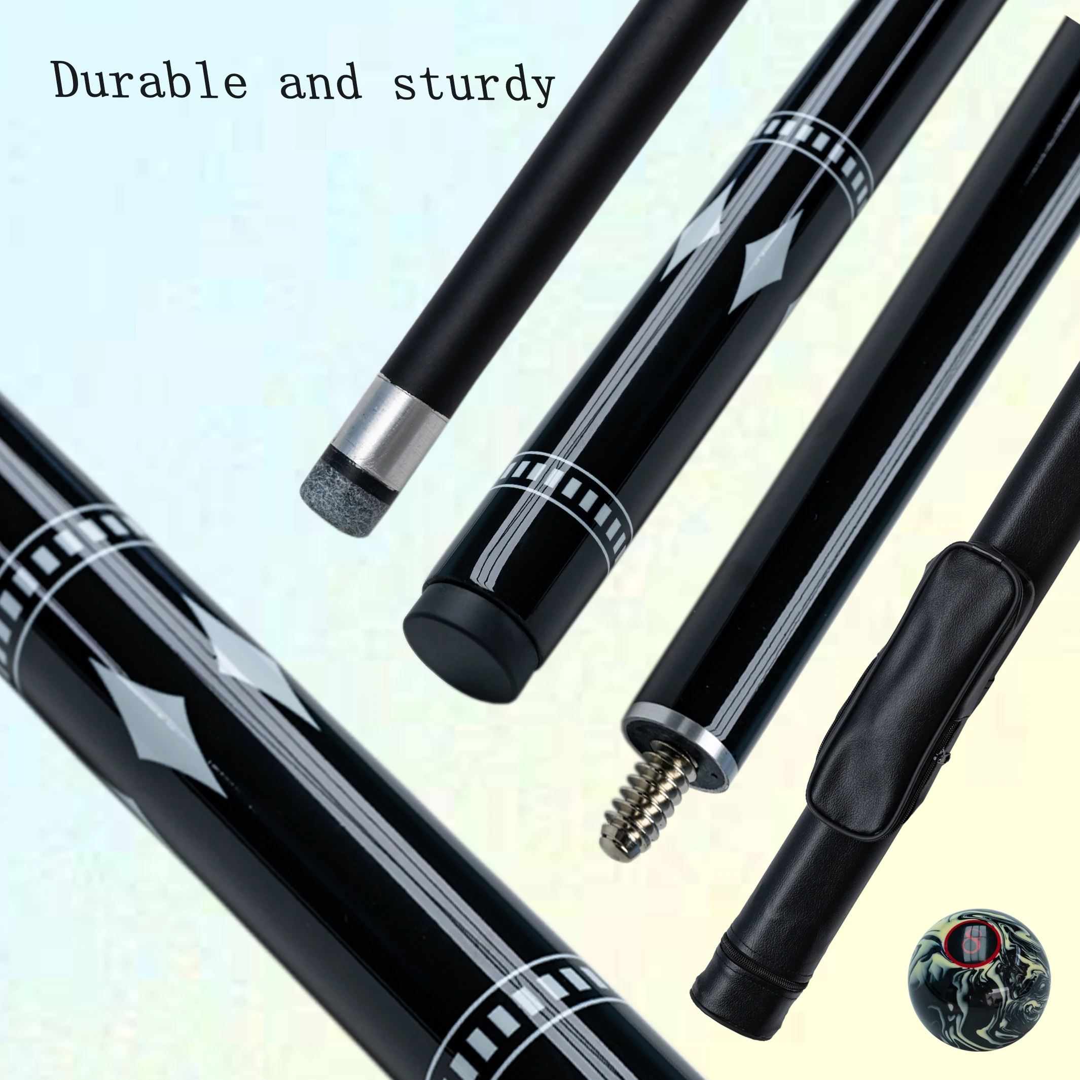 Carbon Fiber Billiard Cue Stick White Diamond Design Black Case for Chinese 8 Ball and American 9 Ball 9.5mm Tip