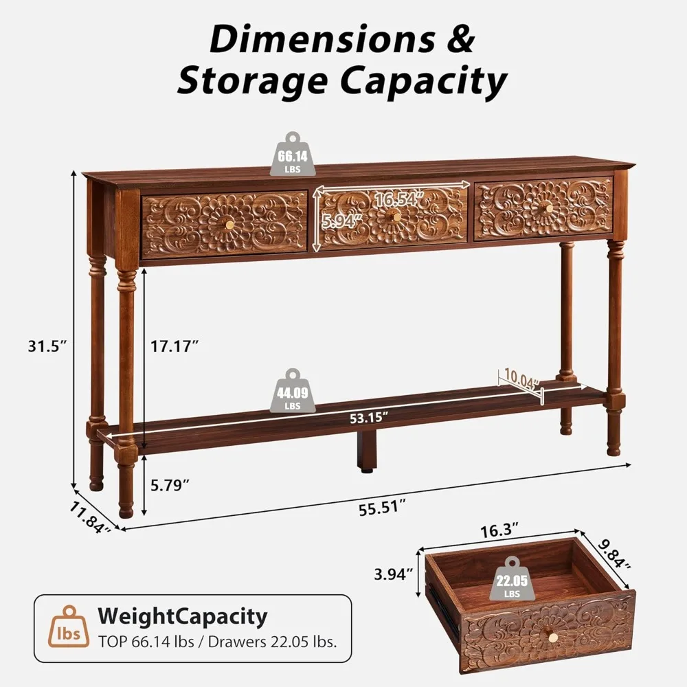 Meja Konsol 3 Laci Gaya Mid-Century Modern dengan Permukaan Mengkilap Bermotif Bunga dan Kaki Kayu Solid, Meja Sofa 2 Tingkat untuk Ruang Tamu