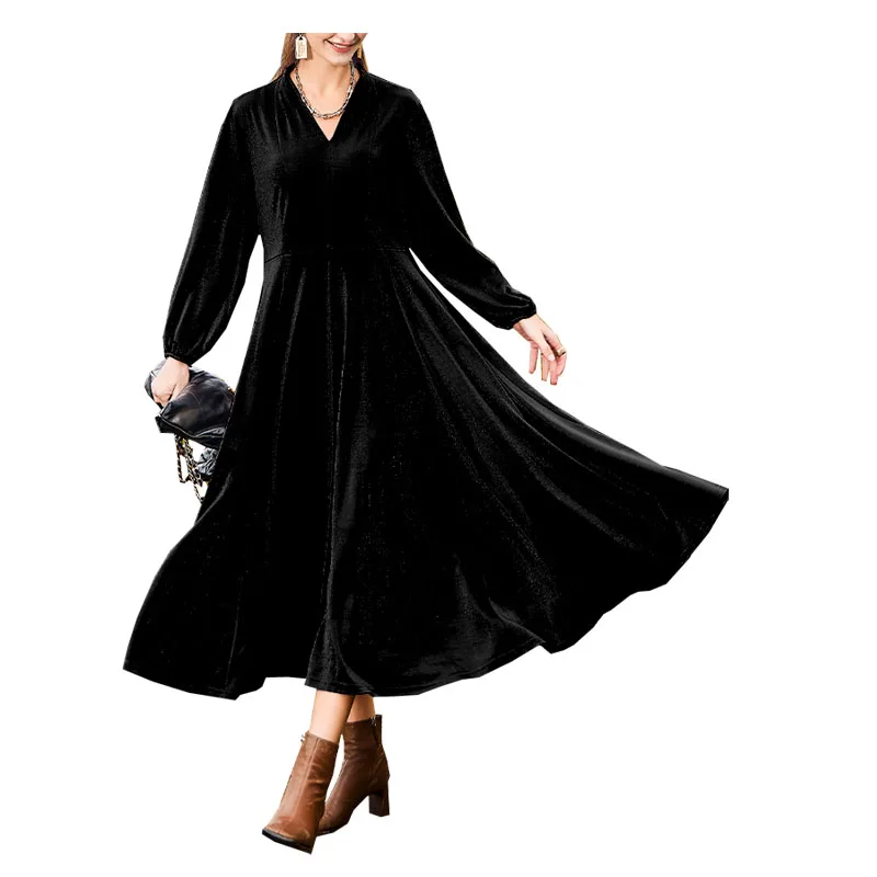 Fengbaoyu-High-End Silk Velvet Dress for Women, Long Sleeves, V-Collar, Elegant Dresses, Plus Size, Autumn and Winter