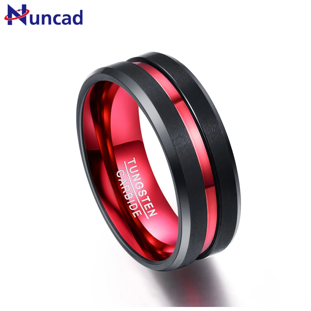 NUNCAD Hot Sell Men\'s 8MM Black and Red Tungsten Carbide Ring Matte Finish Beveled Edges Size 7 To 16 AAA Quality Jewelry T060R