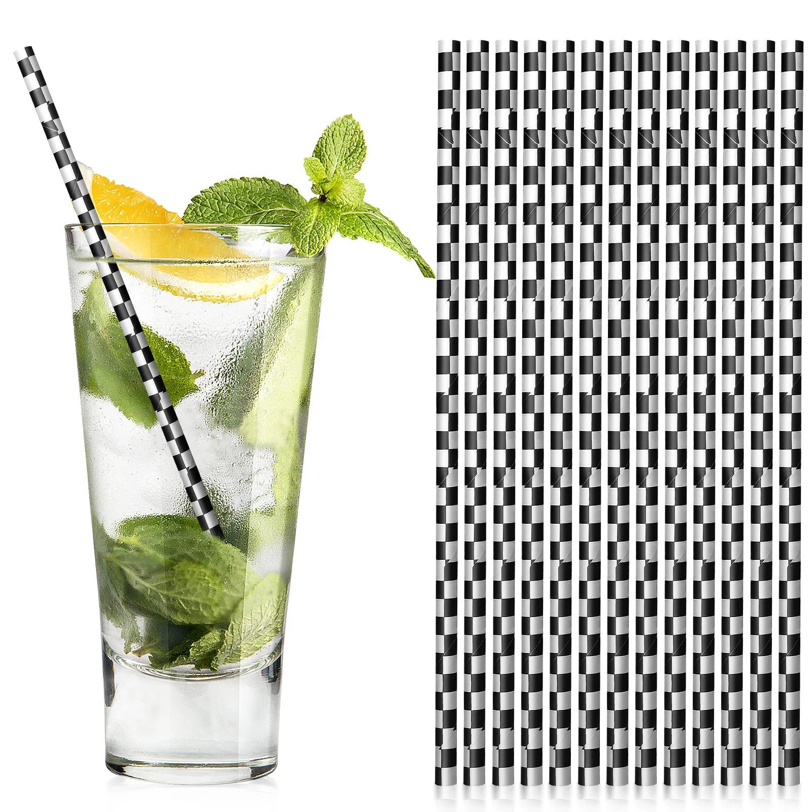 

100pcs Black White Checkered Paper Straws Racing Theme Party Decorations Durable Disposable Drinking Straws For Soda Juice