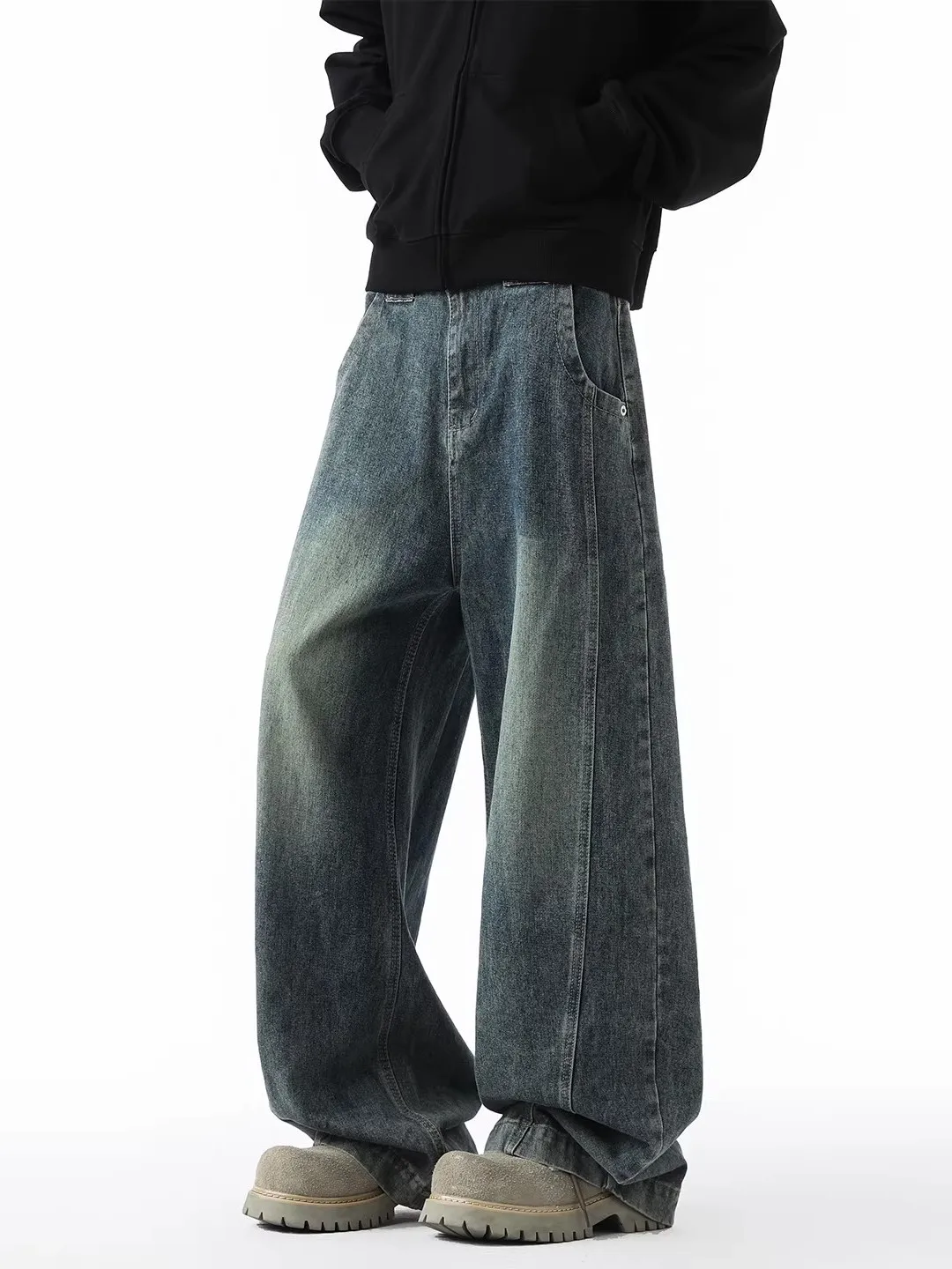 

American High Street Vintage Wash Blue Wide Leg Men's Jeans Loose Casual Floor-Length Trousers Straight Cut Loose Fit Jeans