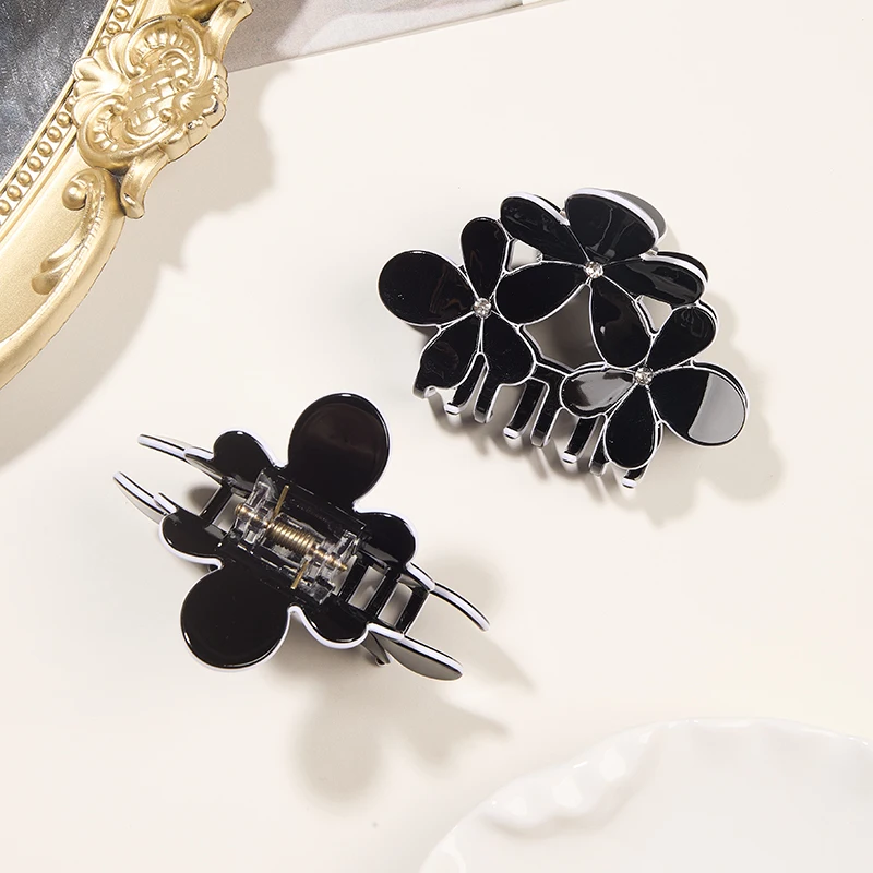 กิ๊บหนีบผมทรงกรงเล็บสีดำประดับคริสตัลลายดอกไม้ สำหรับผู้หญิง ป้องกันการลื่น จับผมได้แน่น สำหรับผมหนา เครื่องประดับผมแฟชั่น