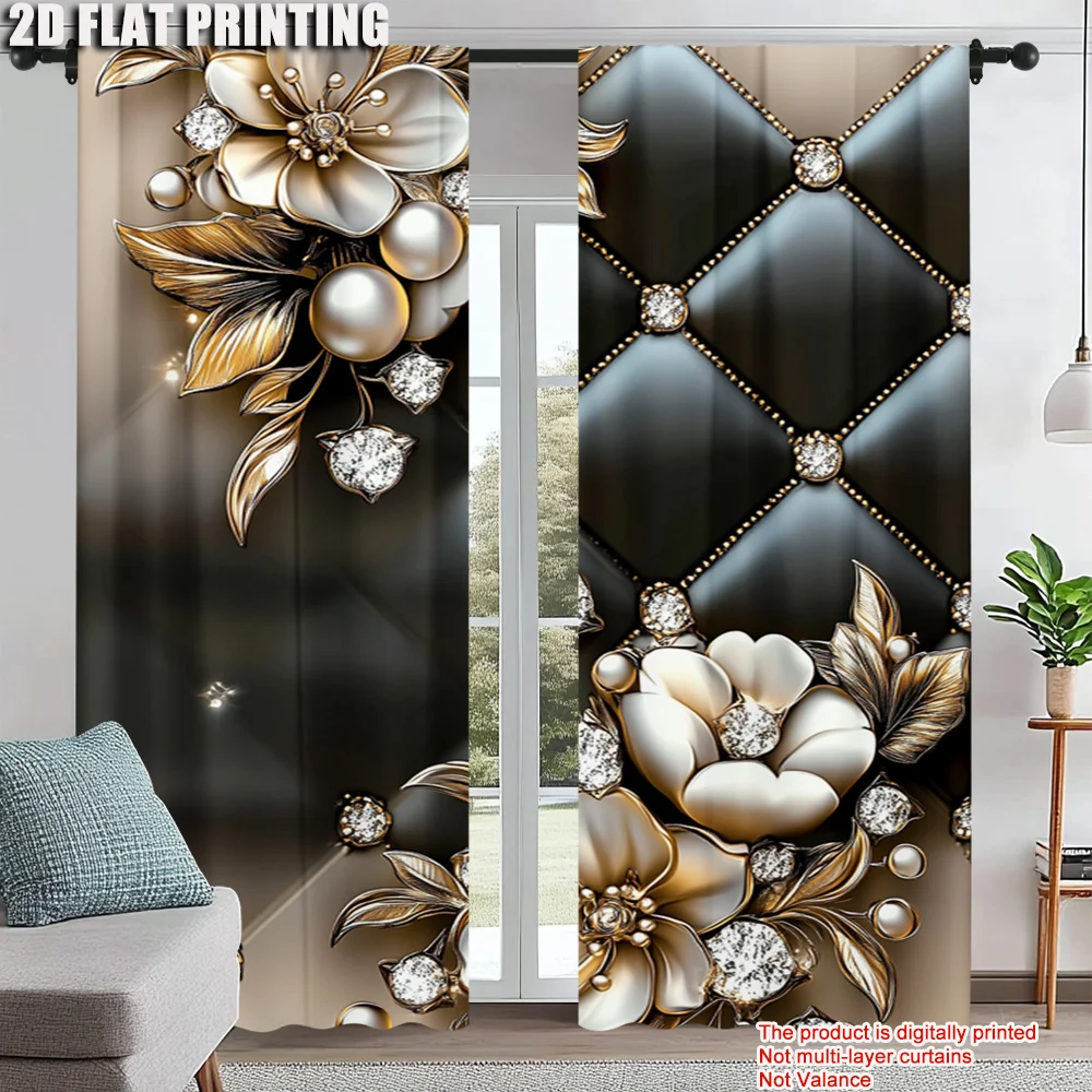 

2Pcs Elegant Diamond Pattern Polyester Curtains With Floral Accents Machine Washable Light-Filtering Rod Hole Hanging