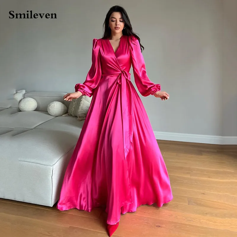 

Smileven Hot Pink Long Puff Sleeve Evening Dresses A Line V Neck Prom Gowns Robe De Marieer Prom Party Dress 2023