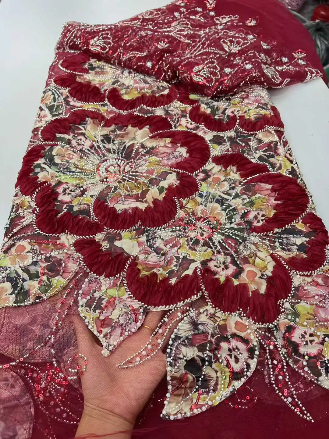 

Latest 2025 French 3D Sheer Beaded Fabric African Nigerian Chiffon Sequins Lace Fabric Women's Wedding Dress Material 5 Yards