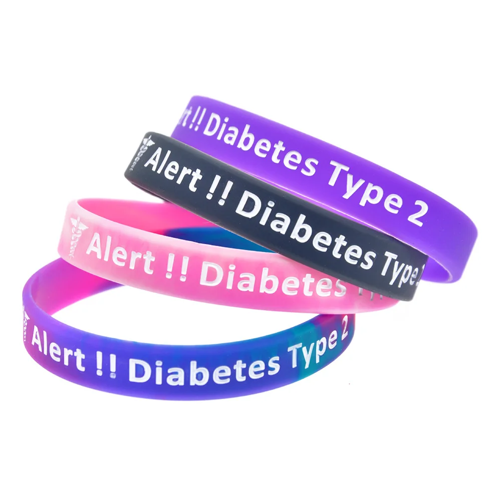 50 Pcs Alert Diabetic Type 2 Silicone Bracelet Medical Information Wristband Unisex Bangle 4 Colors