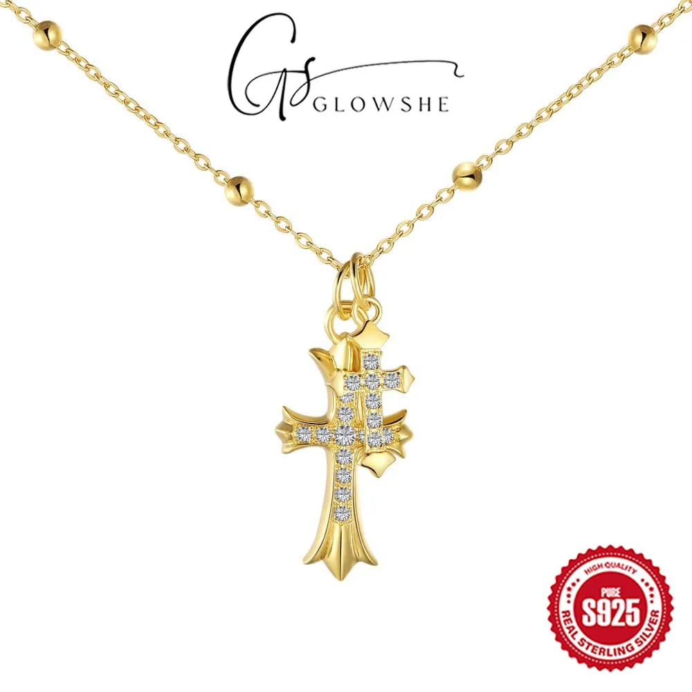 

Glowshe 925 Sterling Silver 5A Zircon Cross Pendant Necklace Banquet Luxurious Fine Jewelry Women's Charm Collarbone Chain Gift