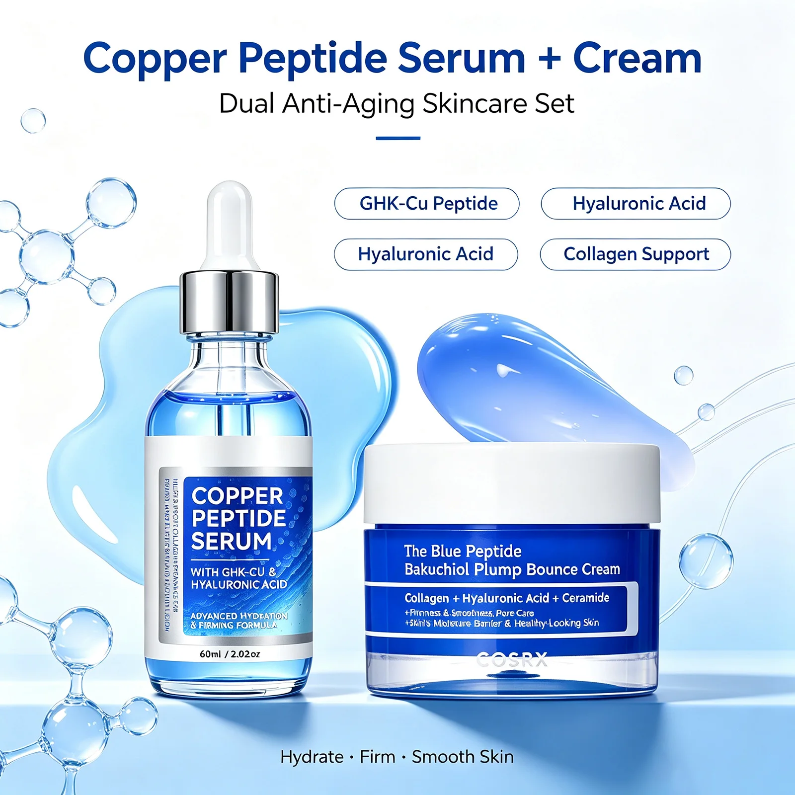 Koreanisches Kupferpeptid-Hautpflegeset – GHK-Cu Straffendes Serum 60ml + Bakuchiol Multi-Peptid-Creme Feuchtigkeitsspendende & Aufpolsternde Gesichtspflege