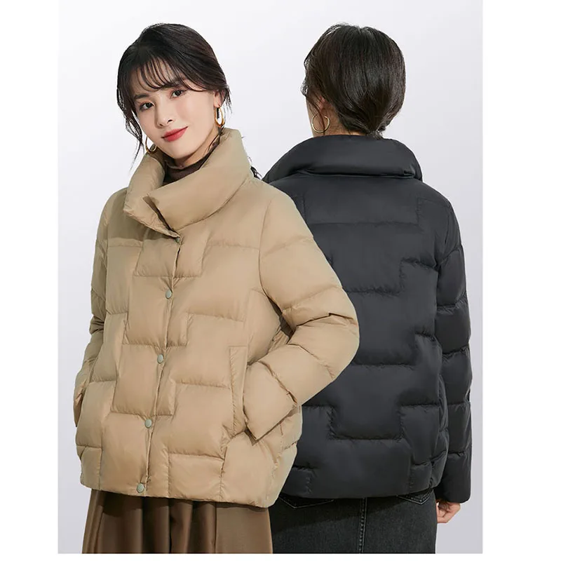 Winter Women's Down Jacket 2023 New Snap on Stand Up Collar Casual Solid Color Slim Fit Warm Duck Down Black Jacket for Women