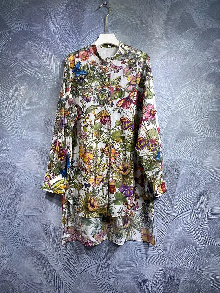 Spring Summer Women Blouses 100% Cotton Flower Printing Long Shirt Street Fashion Sweet Laptops