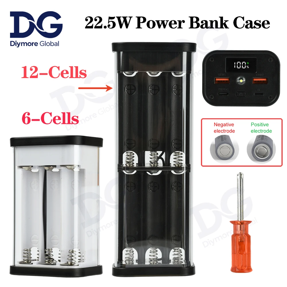 6/12 Slots 22.5W Power Bank Case Fast Charging LED Screen Battery Storage Box Transparent Mobile Power Bank Kit Type-C+USB Port