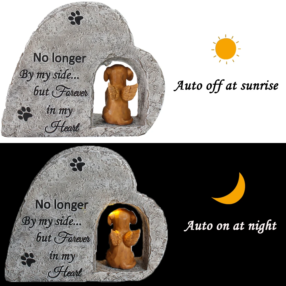 Personalized Solar Dog Pet Memorial Stone with A Angel Puppy Memorial Statue, Custom Dog Grave Marker Or Garden Memorial Stone