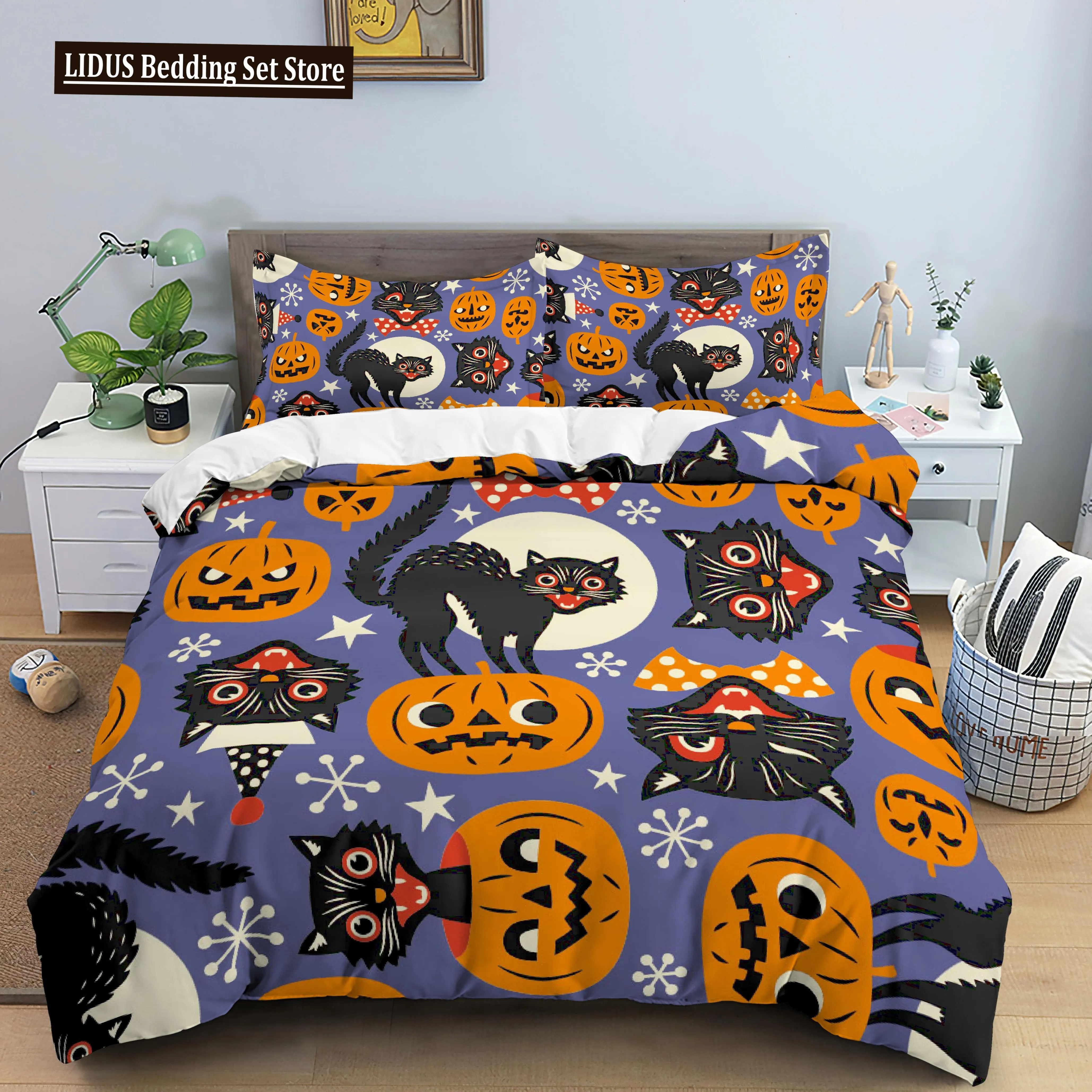 

Halloween Duvet Cover Set Bats Pumpkins Printed Polyester Comforter Cover With Pillowcase Queen King Size Quilt Cover 3D Print