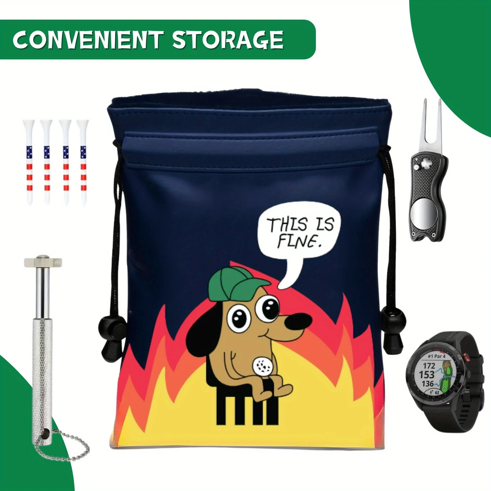 Funny Golf Valuables Pouch THIS IS FINE Design PU Leather Golf Tee Pouch with Drawstring Closure Golf Ball Tee Handbag Portable