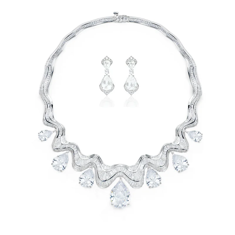 Designer Collection Earrings Necklace Inlay Water Drop Czech Zircon Tassels Pendant Wavy Chain Dinner Party Choker Jewelry Sets