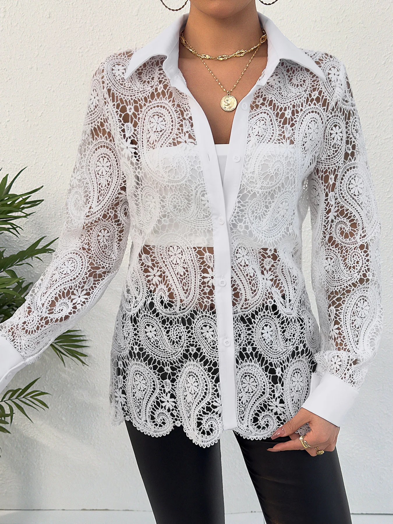 Women's Spring New Long sleeved Lace V-neck Women's Shirt Shirt Women's Commuter Versatile Style