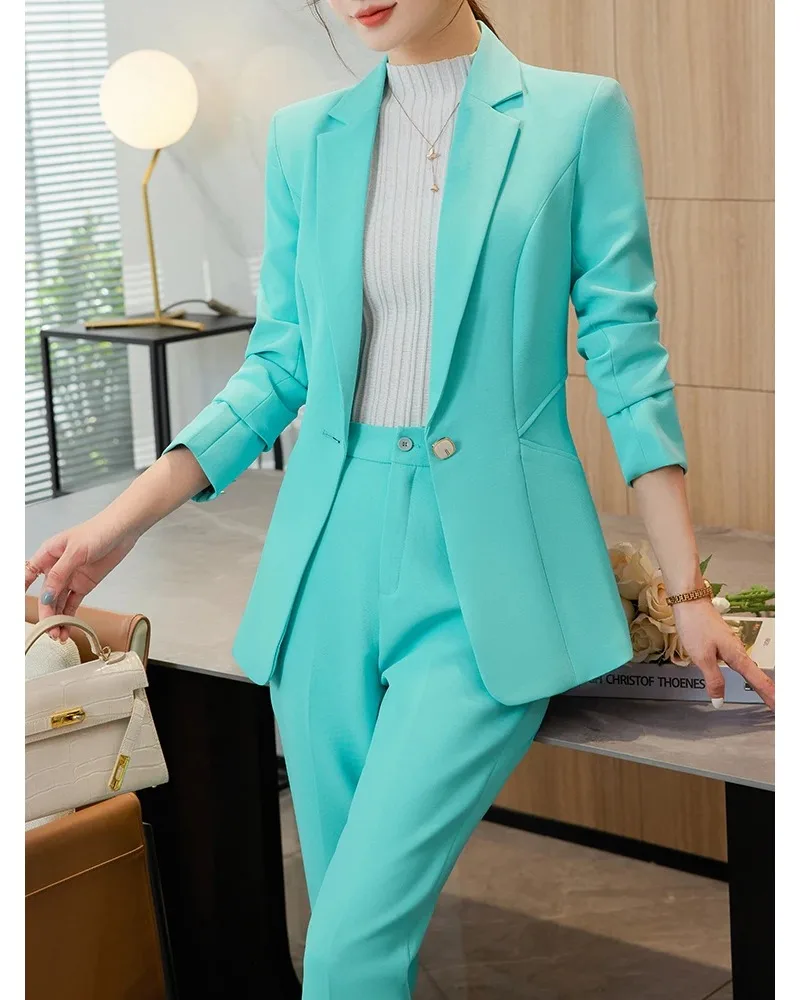 Women Office Ladies Blazer Pant Suit Female Business Work Wear Jacket+Trouser Green Blue Apricot Black Formal 2 Piece Set Coat